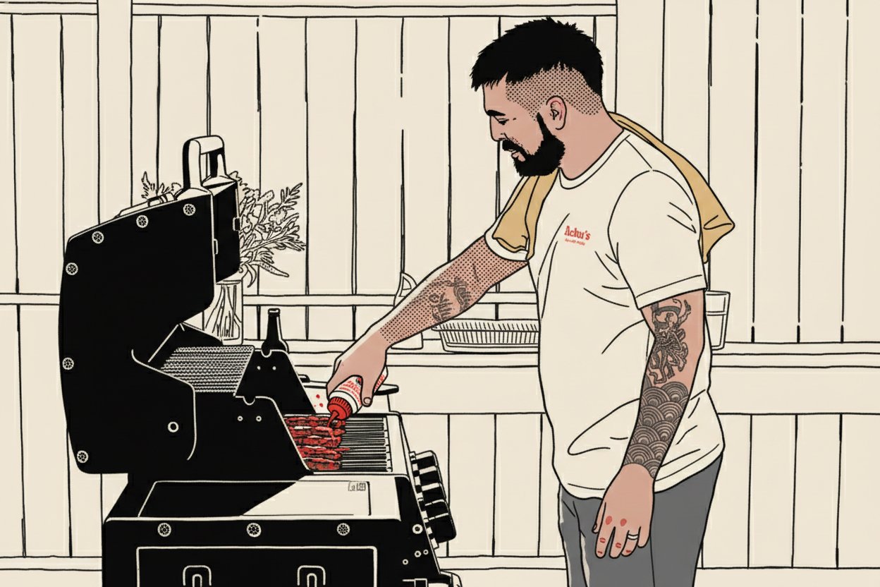 Illustration of a man grilling with Bachan's sauce