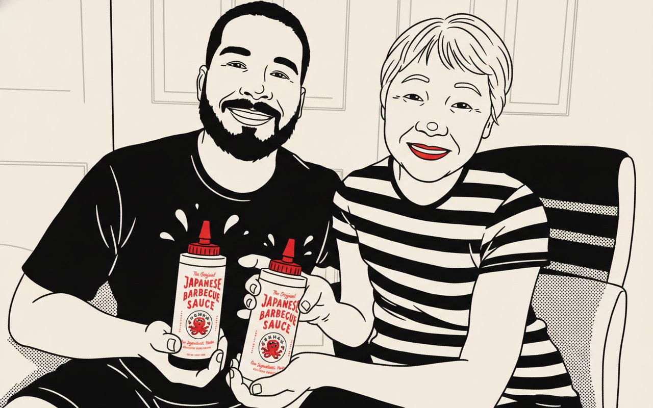 Justin Gill and his grandmother holding bottles of Bachan's Japanese Barbecue Sauce