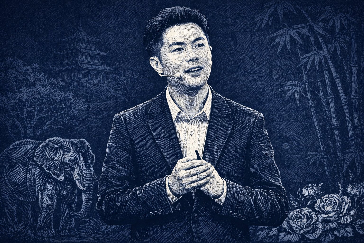 Illustration of Zhang Junjie, founder of Chagee, rendered in engraving style against Yunnan motifs (elephant, bamboo, pagoda, peonies) in Chagee's signature navy