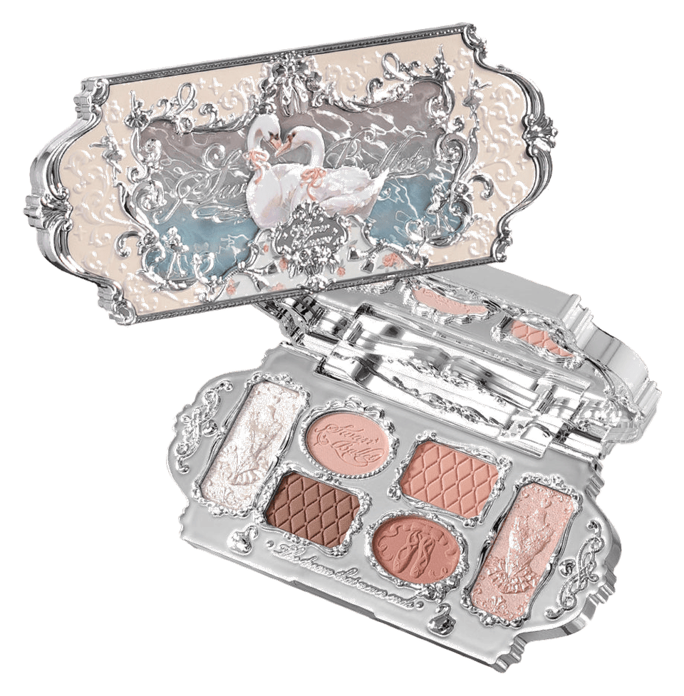 Swan Ballet eyeshadow palette by Flower Knows, open, showing carved Rococo lid and pressed powder pans