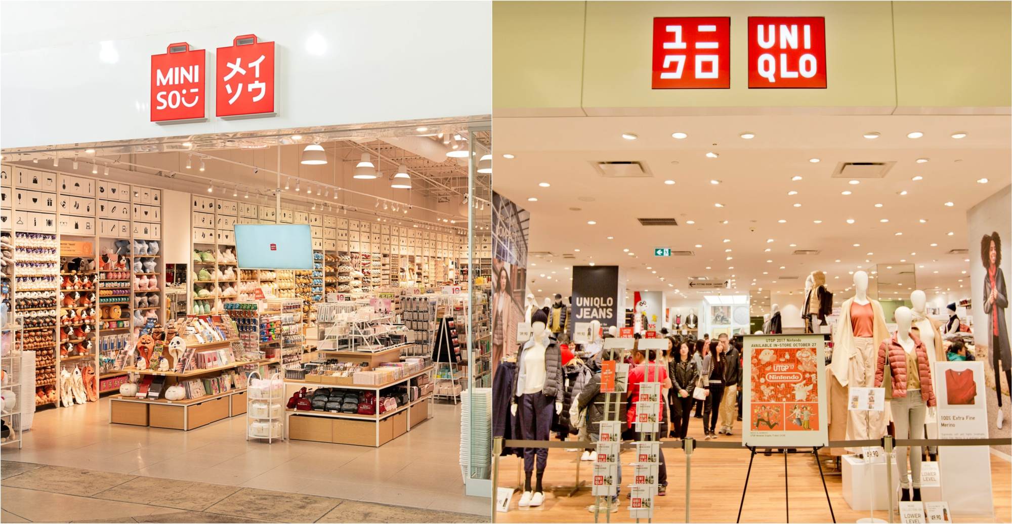 Side-by-side photograph of two storefronts. On the left, a Miniso store with two red shopping-bag-shaped signs above the entrance, one reading MINISO in white English and the other in white katakana characters. On the right, a Uniqlo store with two red square signs above the entrance, one reading UNIQLO in white English and the other in white katakana characters.